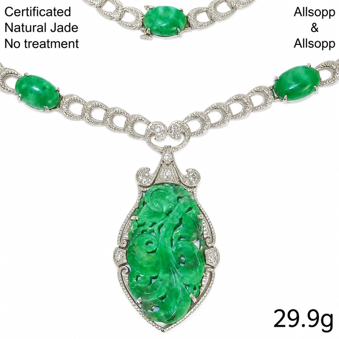 ALLSOPP AND ALLSOPP CERTIFICATED NATURAL JADE AND DIAMOND NECKLACE: ALLSOPP AND ALLSOPP CERTIFICATED NATURAL JADE AND DIAMOND NECKLACE,29.9 grams. High carat gold and platinum.Fine carved jade plaque.Diamonds bright and lively.Makers mark A&A.39 cm.See certificate.
