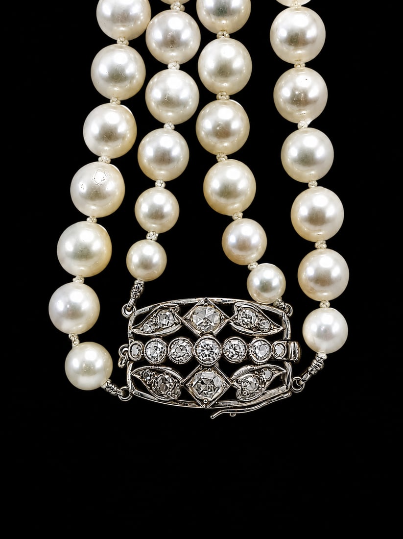 DOUBLE ROW PEARL AND DIAMOND NECKLACE: DOUBLE ROW PEARL AND DIAMOND NECKLACE,98.6 grams.Largest pearl of approx. 8.9 mm. (pearls untested).The clasp set with old and rose cut diamonds.L. necklace 51 cm.