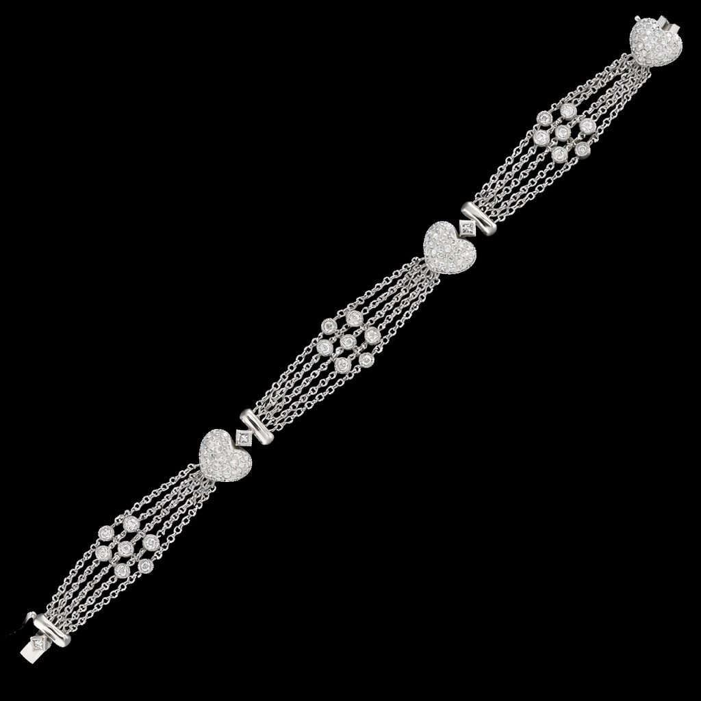 DIAMOND SET BRACELET WITH HEART SHAPED LINKS: DIAMOND SET BRACELET WITH HEART SHAPED LINKS 17.7 grams high carat gold bright lively diamonds approx 2.40 ct in excellent condition L 17.5