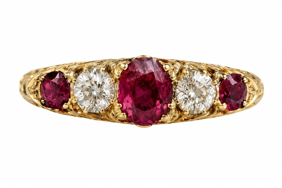 RUBY AND DIAMOND 5-STONE RING: RUBY AND DIAMOND 5-STONE RING,3.2 grams, 18 ct. gold.Rich and vibrant rubies.Diamonds bright and lively.Size O.