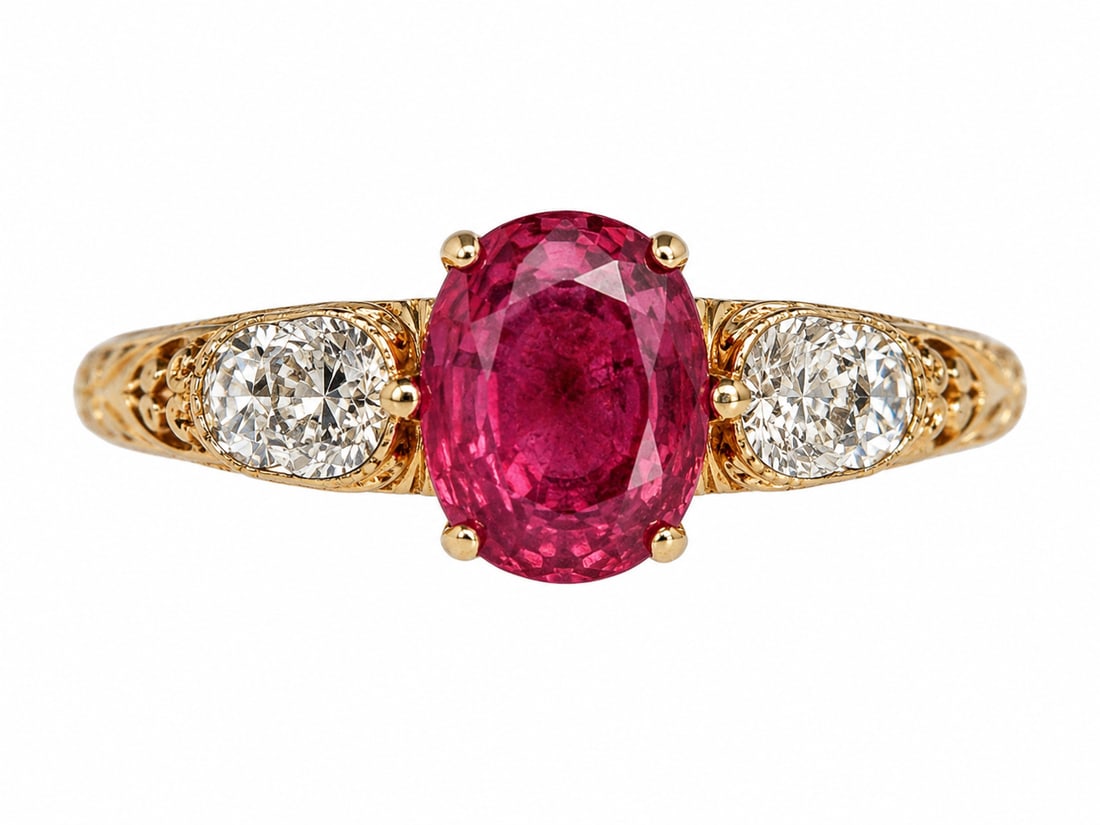 RUBY AND DIAMOND RING: RUBY AND DIAMOND RING,14 ct. gold.Rich and vibrant ruby of approx. 0.96 ct.Diamonds bright and lively.Size L.