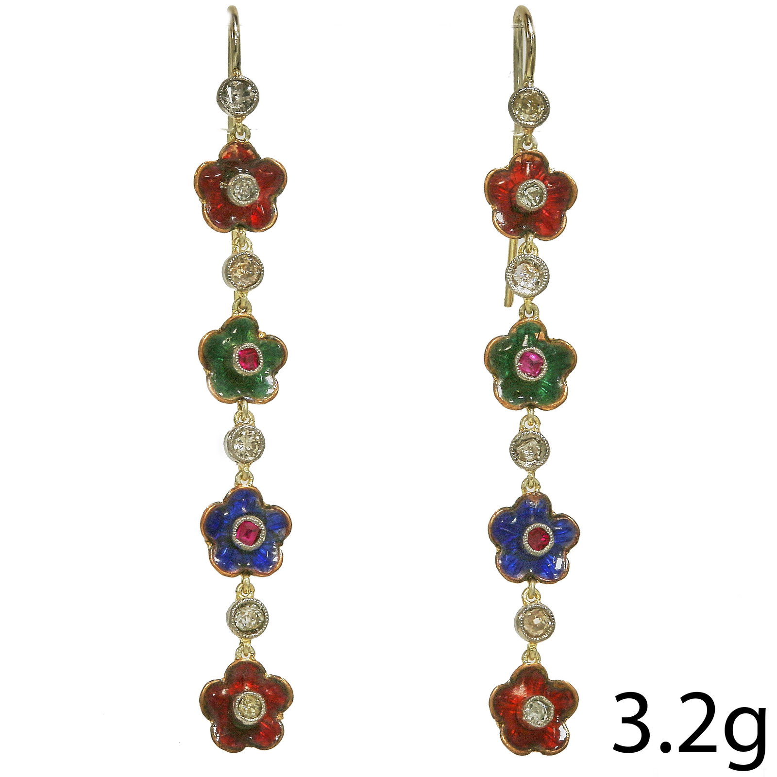 PAIR OF ENAMEL RUBY AND DIAMOND DROP EARRINGS: PAIR OF ENAMEL RUBY AND DIAMOND DROP EARRINGS,3,2 grams, testing high carat gold.Lovely enamel flowers, set with rubies and diamonds.L. 5,1 cm.