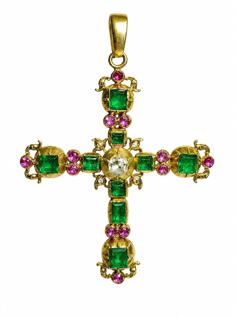 GEORGIAN EMERALD DIAMOND AND RUBY CROSS PENDANT: GEORGIAN EMERALD DIAMOND AND RUBY CROSS PENDANT,21,5 grams, testing 18 ct. gold.Rich and vibrant emeralds, totalling approx. 9 ct.Lovely rose cut diamond.Rich and vibrant rubies.L. 7.6 cm.