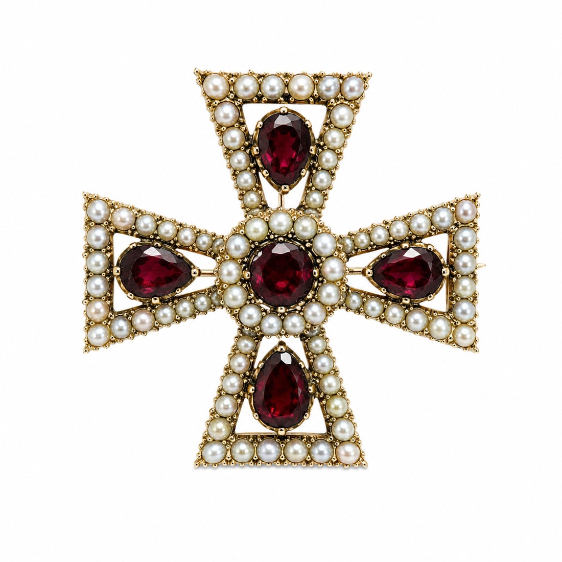 ANTIQUE GARNET AND PEARL MALTESE CROSS GOLD BROOCH (1 of 1)