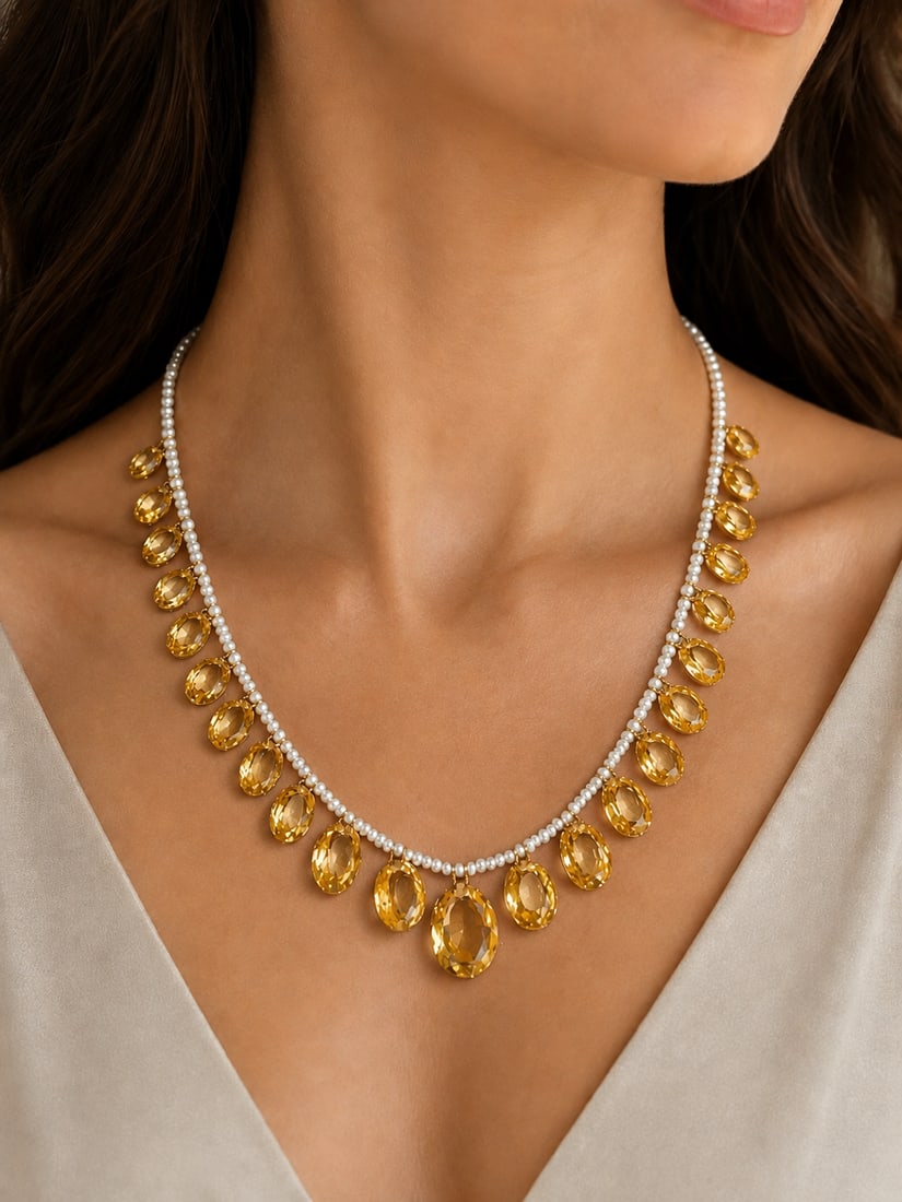 CITRINE AND PEARL NECKLACE: CITRINE AND PEARL NECKLACE,18.6 grams.The pearl necklace suspending 25 graduated citrine drops.L. 40 cm.