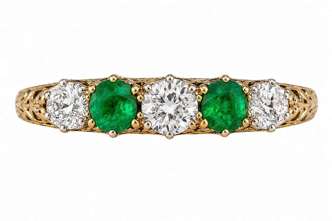 EMERALD AND DIAMOND FIVE STONE RING: EMERALD AND DIAMOND FIVE STONE RING 3 grams high carat gold rich vibrant matching emeralds bright lively diamonds size O