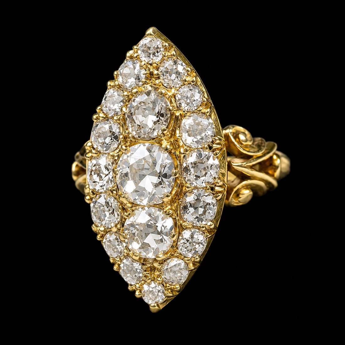 FINE VICTORIAN MARQUISE SHAPED DIAMOND RING: FINE VICTORIAN MARQUISE SHAPED DIAMOND RING,8 grams, 18 ct. gold.Bright and lively old cut diamonds, totalling approx. 2 ct.L. head 2.5 cm.Size O 1/2.
