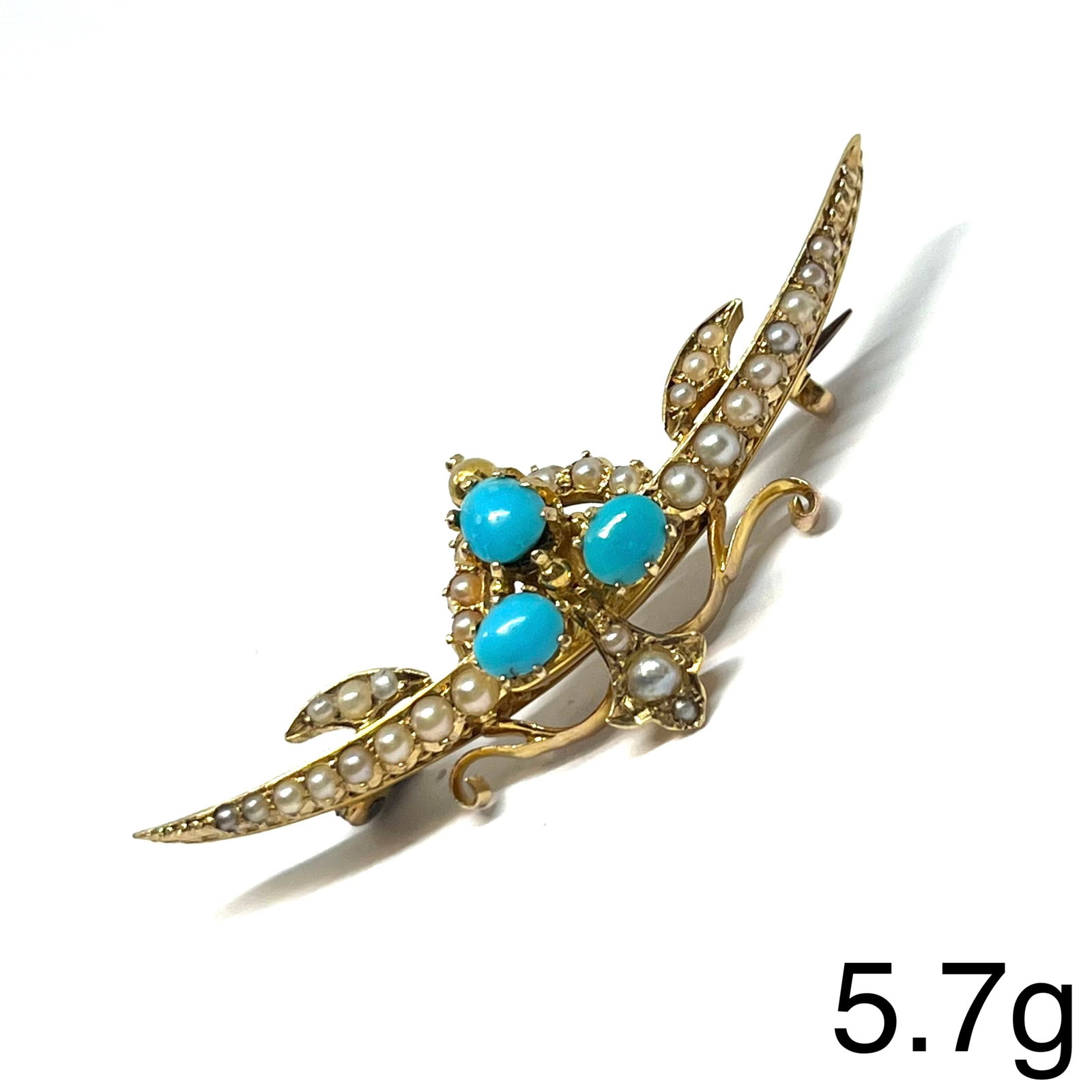 VICTORIAN TURQUOISE AND PEARL CRESCENT BROOCH (1 of 1)