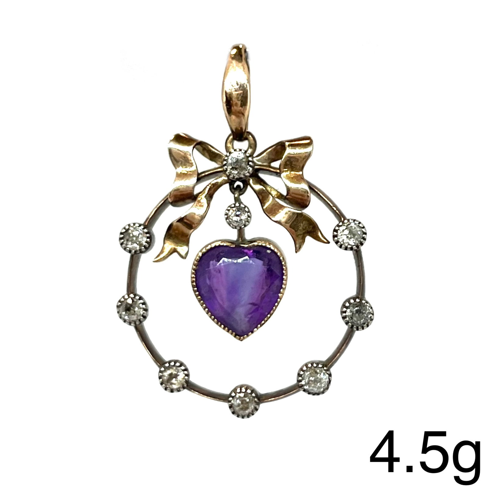 AMETHYST HEART AND DIAMOND PENDANT: AMETHYST HEART AND DIAMOND PENDANT,4,5 grams, testing high carat gold.Lovely heart amethyst.L. 3.5 cm.