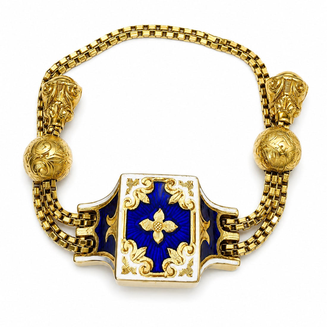 VICTORIAN MULTI-COLOR SLIDER BRACELET: VICTORIAN MULTI-COLOR SLIDER BRACELET,29.6 grams, testing high carat gold.The central section with blue and white enamel.The sliders and ends with fine relief and engraved decoration.