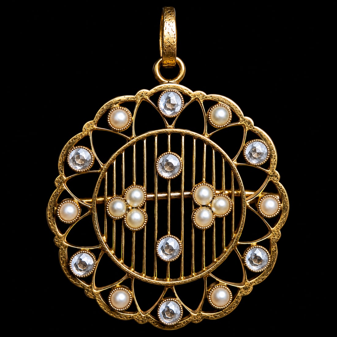 EDWARDIAN PEARL AND DIAMOND PENDANT/BROOCH: EDWARDIAN PEARL AND DIAMOND PENDANT/BROOCH,6.6 grams, testing 15 ct. gold.Diamonds bright and lively.L. 3.6 cm.