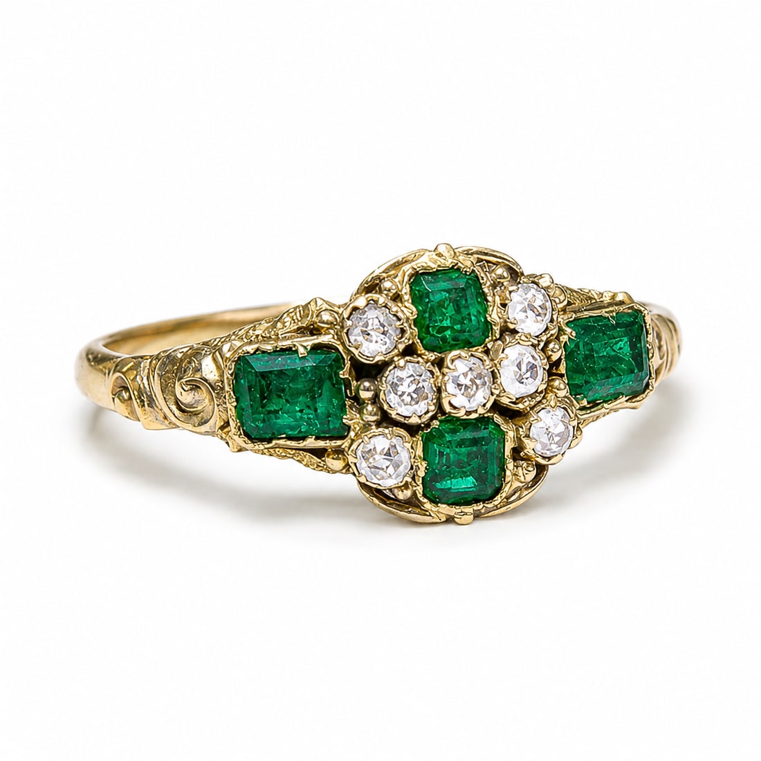 LOVELY GEORGIAN EMERALD AND DIAMOND RING: LOVELY GEORGIAN EMERALD AND DIAMOND RING,testing 18 ct. gold.Lovely emeralds.Diamonds bright and lively.Size N.