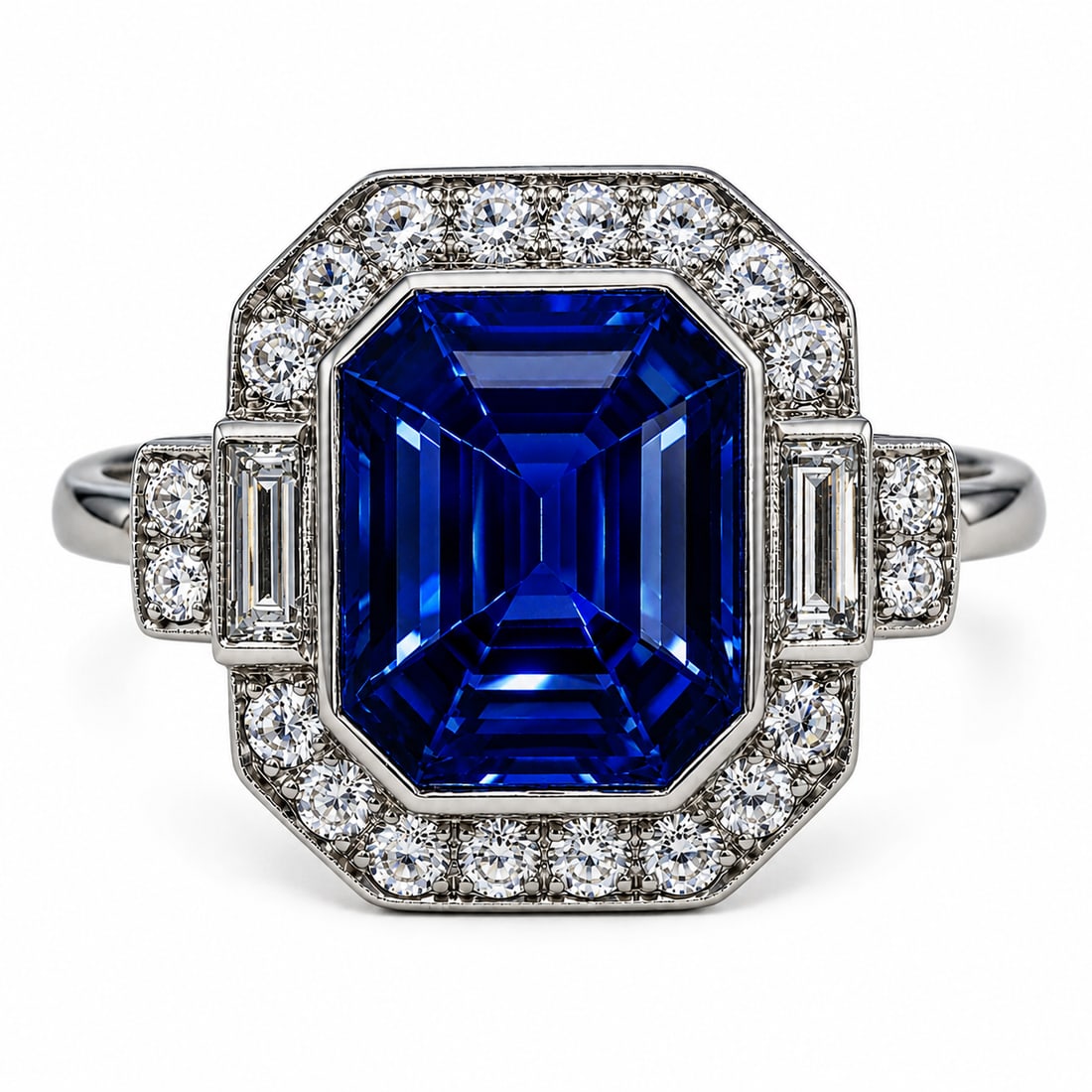 ART-DECO SAPPHIRE AND DIAMOND CLUSTER RING: ART-DECO SAPPHIRE AND DIAMOND CLUSTER RING,8,1 grams, platinum.Rich and vibrant sapphire of approx. 5.45 ct.Bright and lively diamonds.Size P.