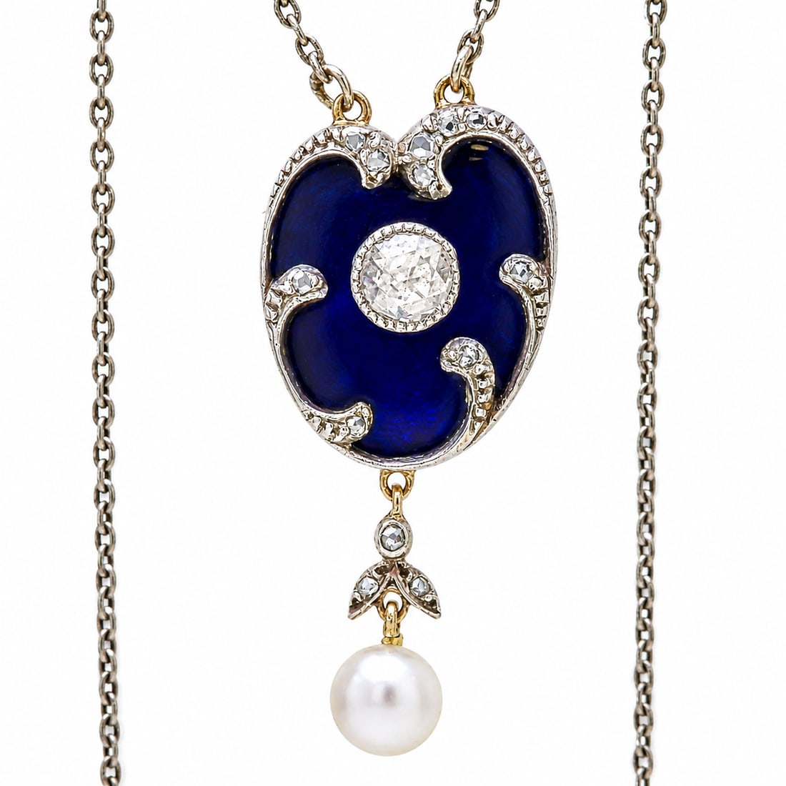VICTORIAN ENAMEL DIAMOND PEARL PENDANT NECKLACE: VICTORIAN ENAMEL DIAMOND PEARL PENDANT NECKLACE 4.8 grams enamel in great condition lively diamondpearl believed to be natural pendant length 3.1 cm chain length 40 cm