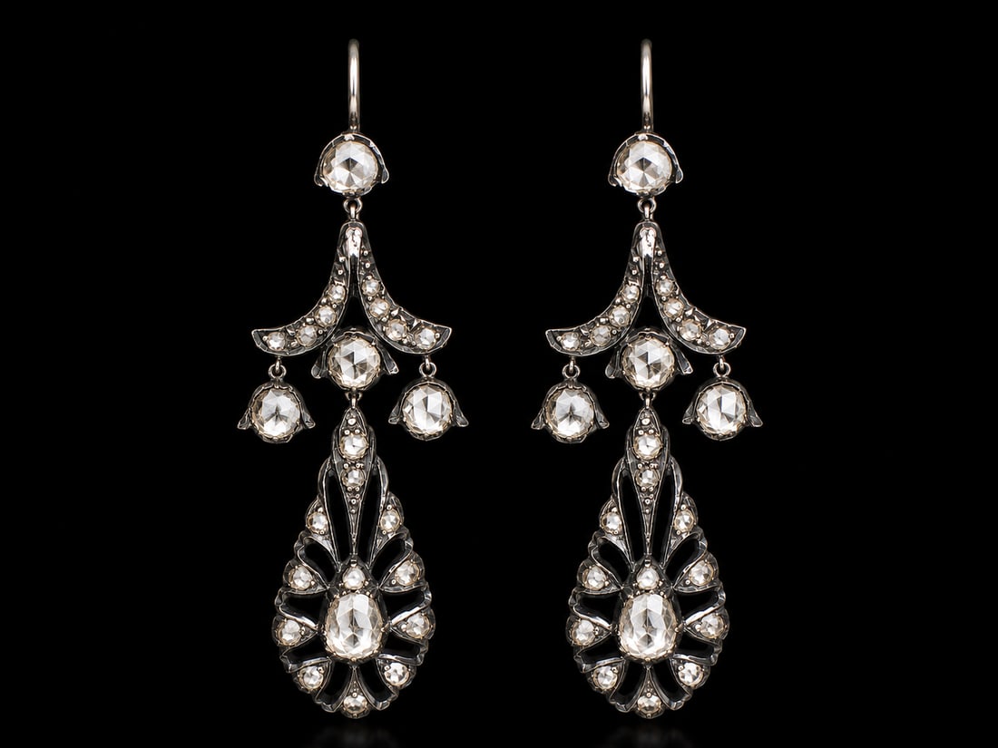 ANTIQUE ROSE CUT DIAMOND CHANDELIER EARRINGS: ANTIQUE ROSE CUT DIAMOND CHANDELIER EARRINGS11 grams. The hanging diamond drops with good movement. L. 5.5 cm.