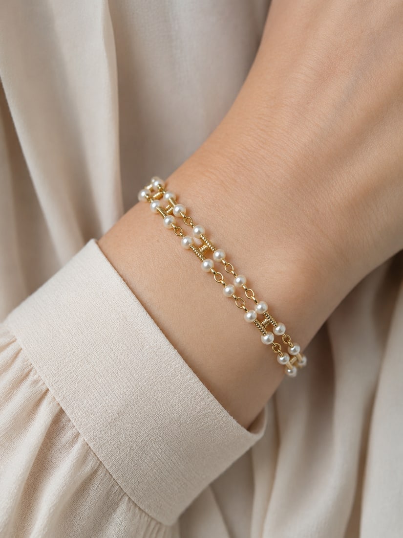 DOUBLE ROW PEARL BRACELET: DOUBLE ROW PEARL BRACELET,8.5 grams, testing 18 ct. gold.Lovely pearls.L. 19.5 cm.