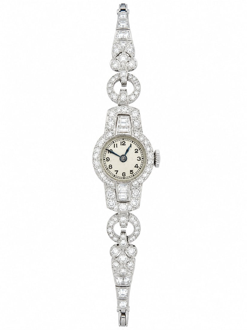 ART-DECO DIAMOND WATCH: ART-DECO DIAMOND WATCH,18.5 grams, testing platinum.Bright and lively diamonds to the bezel, shoulders and part strap.L. 16 cm.