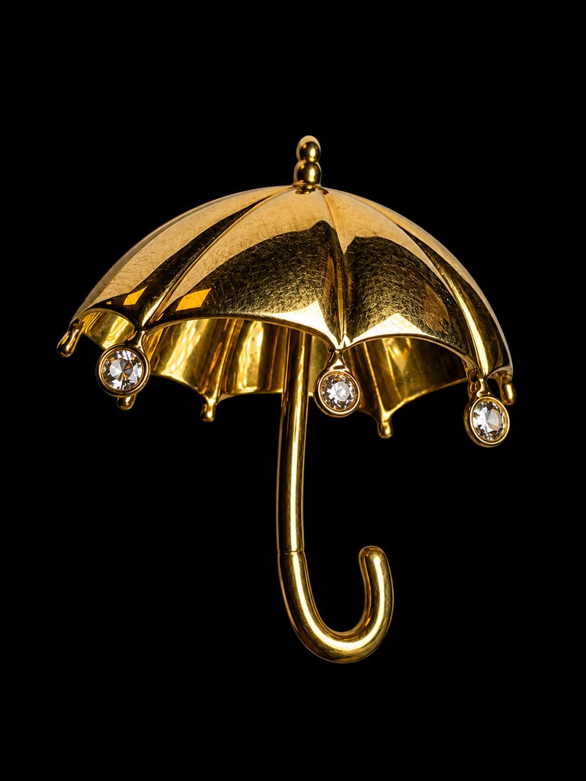 TIFFANY & Co. DIAMOND UMBRELLA BROOCH: TIFFANY & Co. DIAMOND UMBRELLA BROOCH,14.6 grams, 18 ct. gold.Diamonds bright and lively.Lovely 3-dimensional design.Signed Tiffany & Co. L. 4 cm.With tiffany box.
