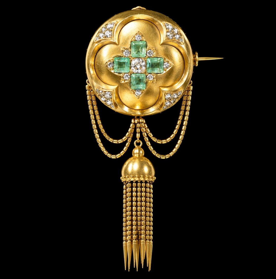 FINE VICTORIAN EMERALD AND DIAMOND TASSEL DROP BROOCH: FINE VICTORIAN EMERALD AND DIAMOND TASSEL DROP BROOCH,27.8 grams, testing high carat gold.Emeralds totalling approx. 4.25 ct.Bright and lively old cut diamonds.Fine articulated large tassel drop.Locke