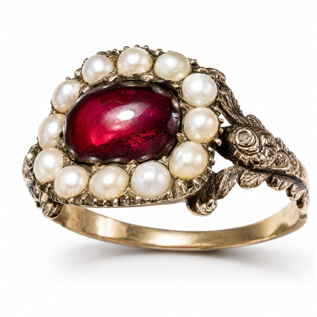 GEORGIAN PEARL AND GARNET CLUSTER RING: GEORGIAN PEARL AND GARNET CLUSTER RING,testing 18 ct. gold.Lovely pearls.Rich and vibrant cabochon cut garnet.Size O.