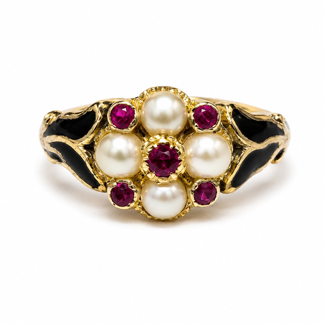 ANTIQUE RUBY, PEARL AND ENAMEL CLUSTER RING: ANTIQUE RUBY, PEARL AND ENAMEL CLUSTER RING,3 grams, testing 18 ct. gold.Rich and vibrant rubies.Lovely pearls.Enamel shoulders.Size N.