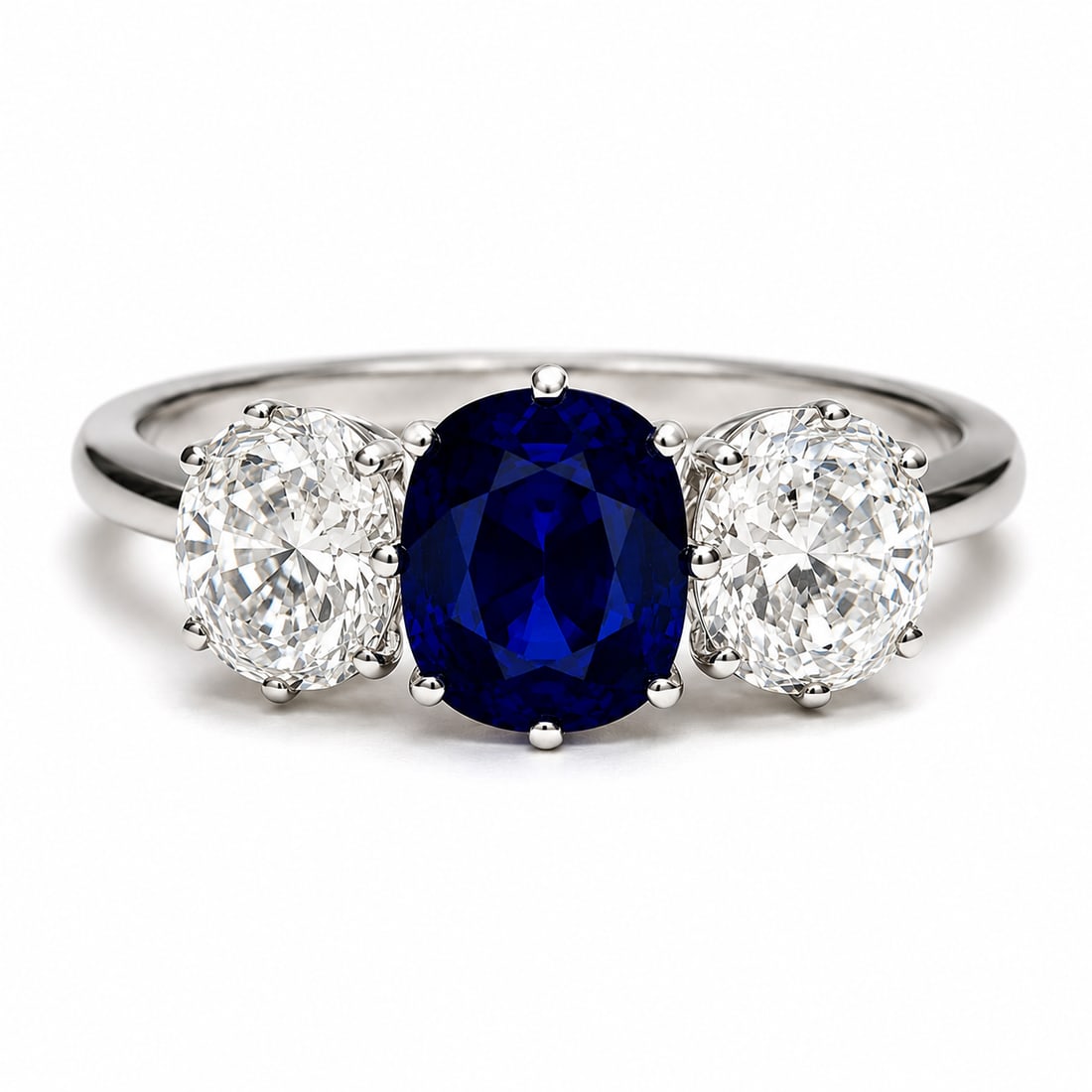 SAPPHIRE AND DIAMOND 3-STONE RING: SAPPHIRE AND DIAMOND 3-STONE RING,4.6 grams, platinum.Rich and vibrant sapphire of approx. 1.15 ct.Diamonds bright and lively, totalling approx. 1.65 ct.Size O.