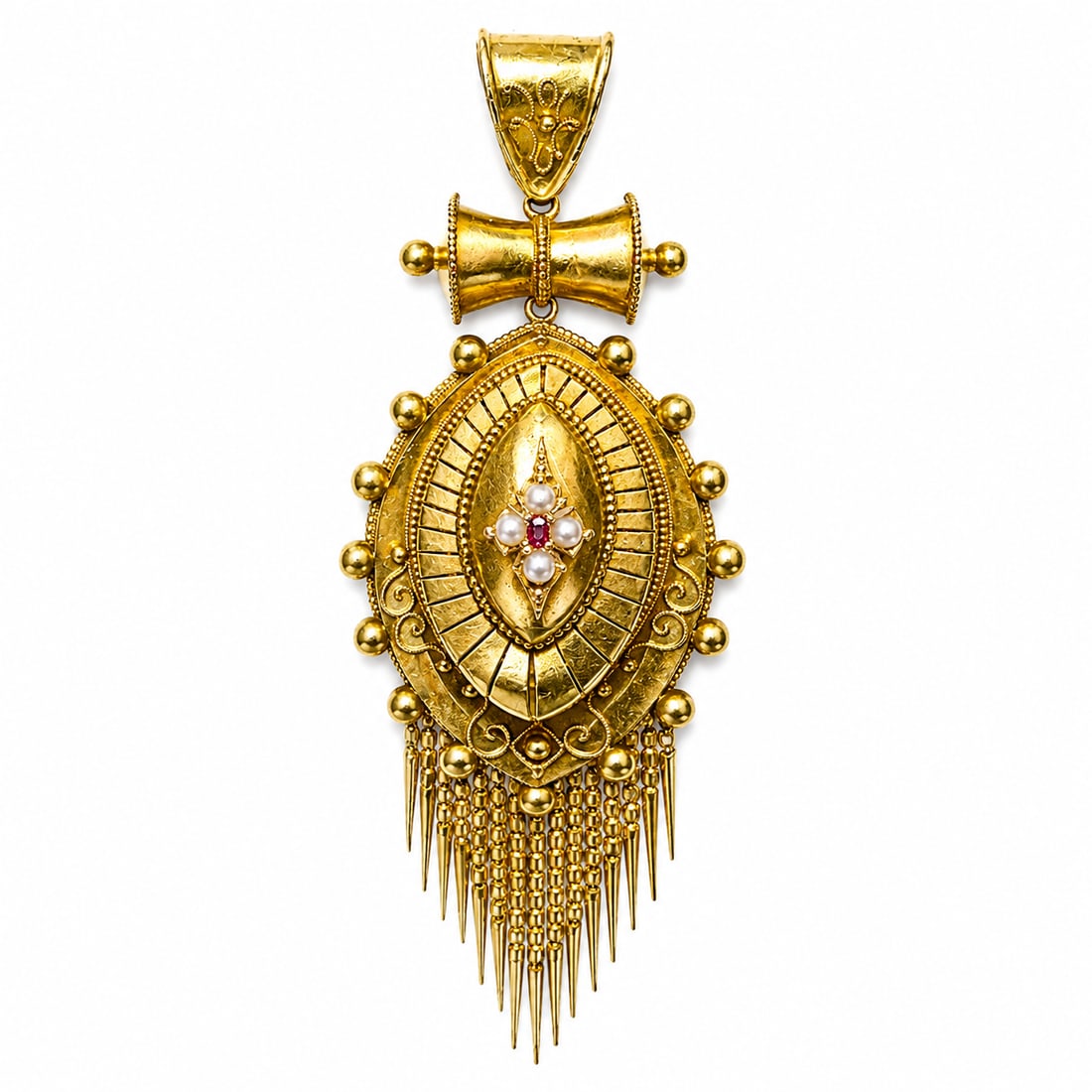 VICTORIAN RUBY AND PEARL TASSEL DROP PENDANT: VICTORIAN RUBY AND PEARL TASSEL DROP PENDANT,12.6 grams, testing 15 ct. gold.Marquise shaped.Lovely tassel drop.Locket back.L. 8.5 cm.