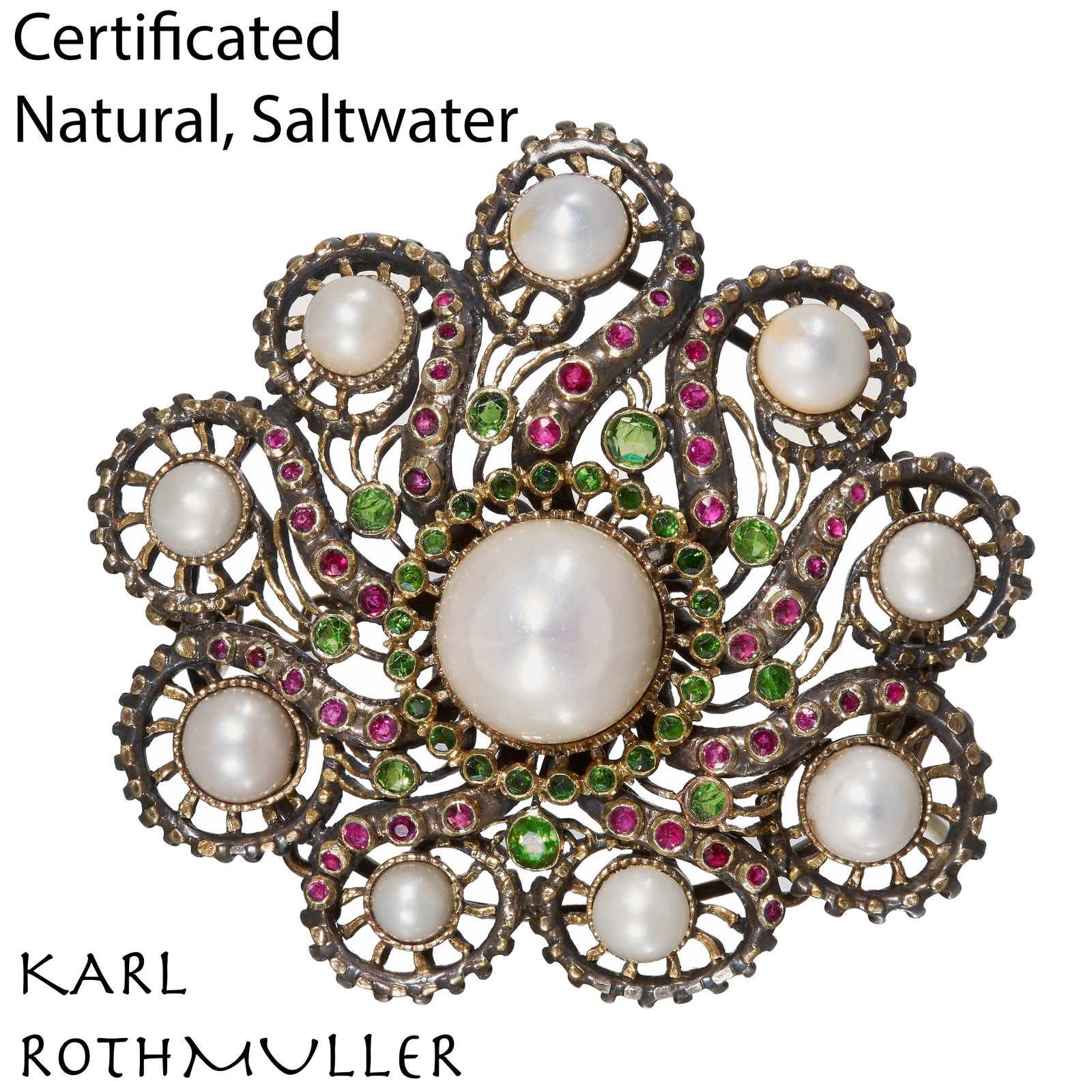 KARL ROTHMULLER (attrib.), CERTIFICATED NATURAL SALTWATER PEARL RUBY AND DEMANTOID GARNET BROOCH (1 of 2)