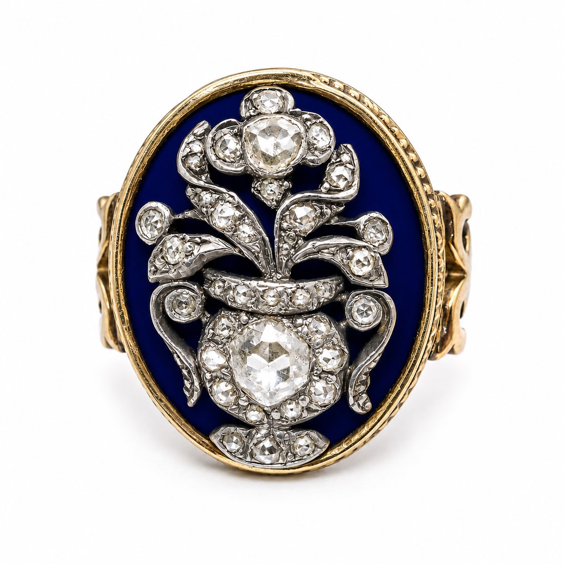 ANTIQUE ENAMEL DIAMOND FLORAL RING: ANTIQUE ENAMEL DIAMOND FLORAL RING 4.5 grams high carat gold lively diamonds size P1/2