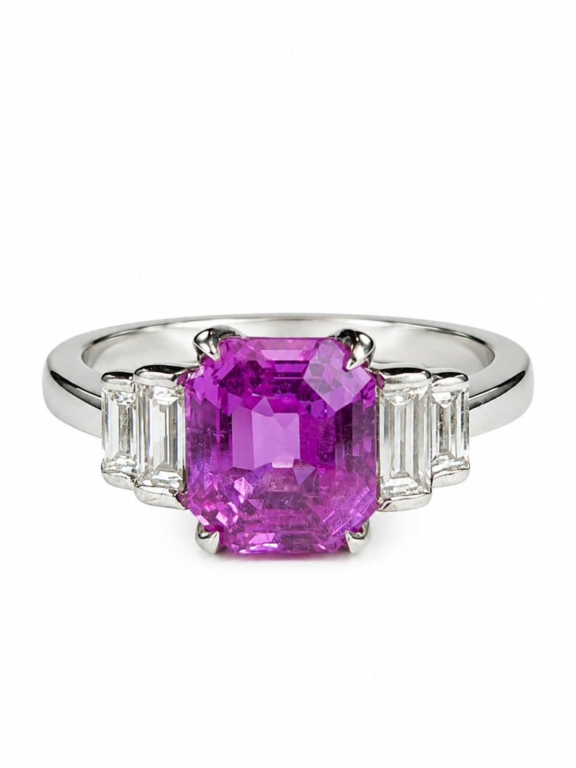 CERTIFICATED NO HEAT PINK SAPPHIRE AND DIAMONDS RING: CERTIFICATED NO HEAT PINK SAPPHIRE AND DIAMONDS RING 3.5 grams rich vibrant pink sapphire with no abrasions approc 1.73 ct excellent saturation bright lively diamonds size M for certificate details, s