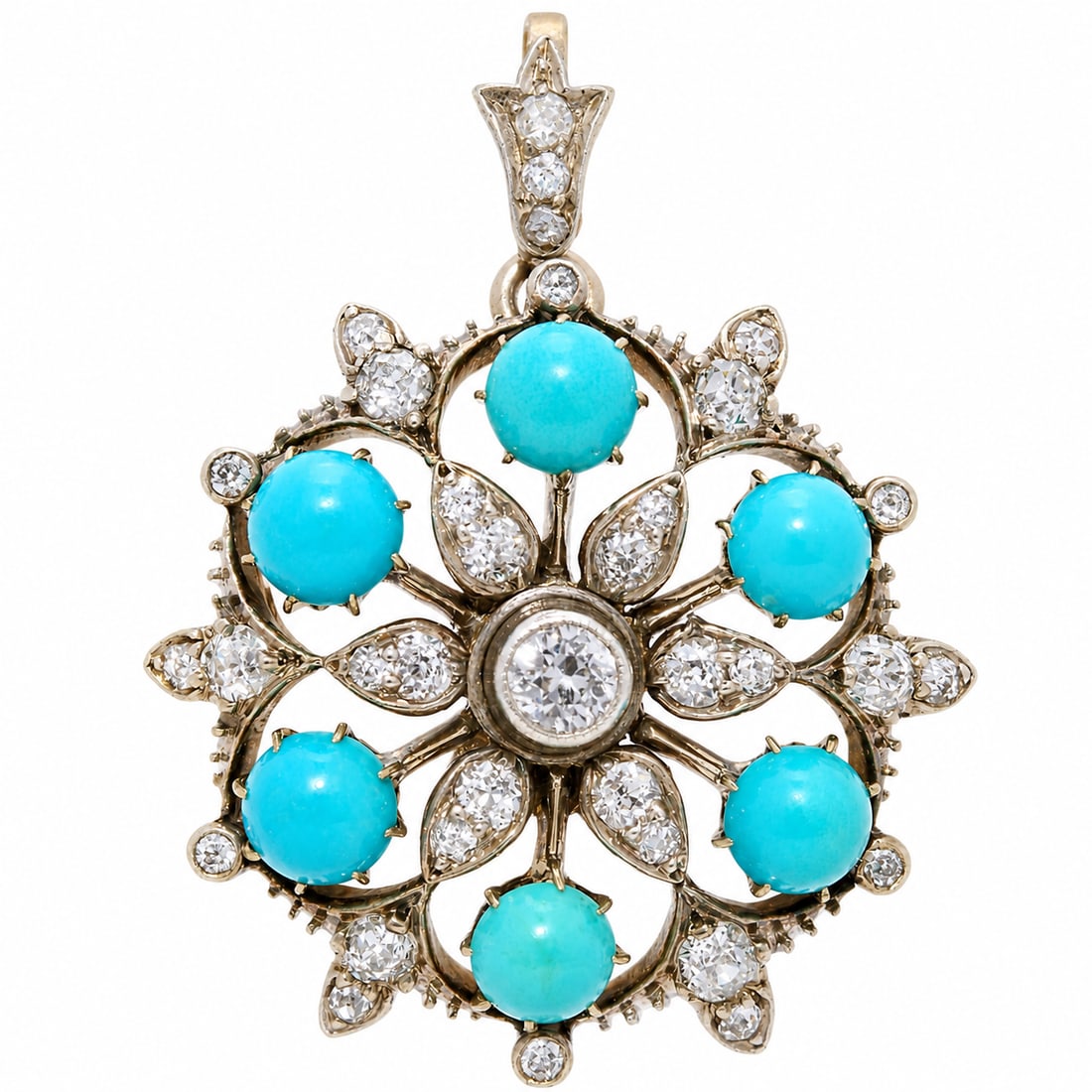 VICTORIAN TURQUOISE AND DIAMOND PENDANT BROOCH: VICTORIAN TURQUOISE AND DIAMOND PENDANT BROOCH 7.8 grams bright lively old cut diamonds approx 1.60 ct vibrant matching turquoise L 3.5 cm W 2.6 cm