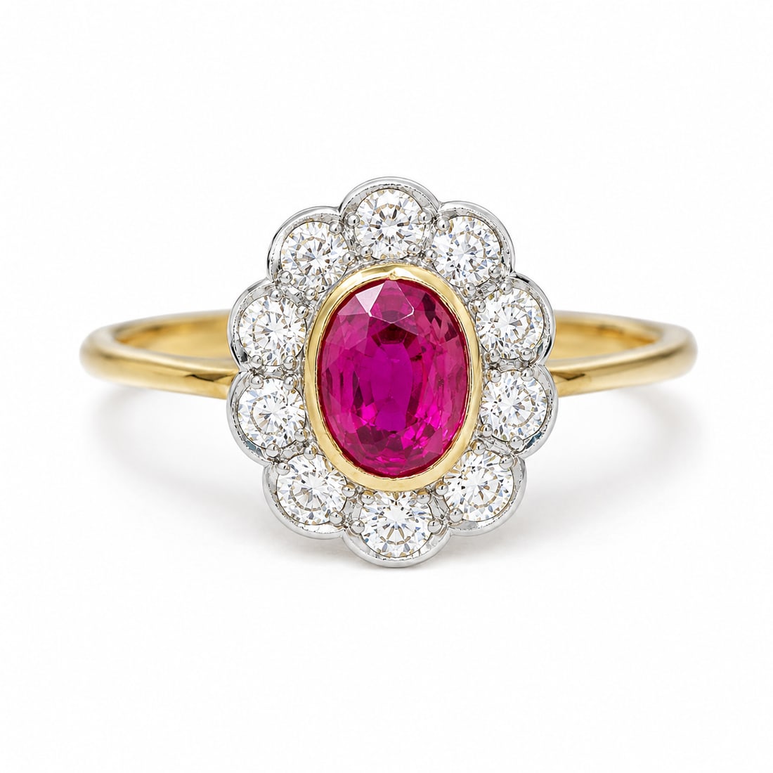 RUBY AND DIAMOND CLUSTER RING: RUBY AND DIAMOND CLUSTER RING,testing high carat gold.Rich and vibrant ruby of approx. 0.52 ct.Diamonds bright and lively.Size K 1/2.