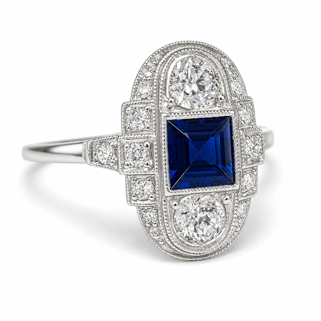 ART DECO SAPPHIRE AND DIAMOND RING: ART DECO SAPPHIRE AND DIAMOND RING 3.4 grams high carat gold and platinum rich vibrant sapphire bright lively old cut diamondssize P