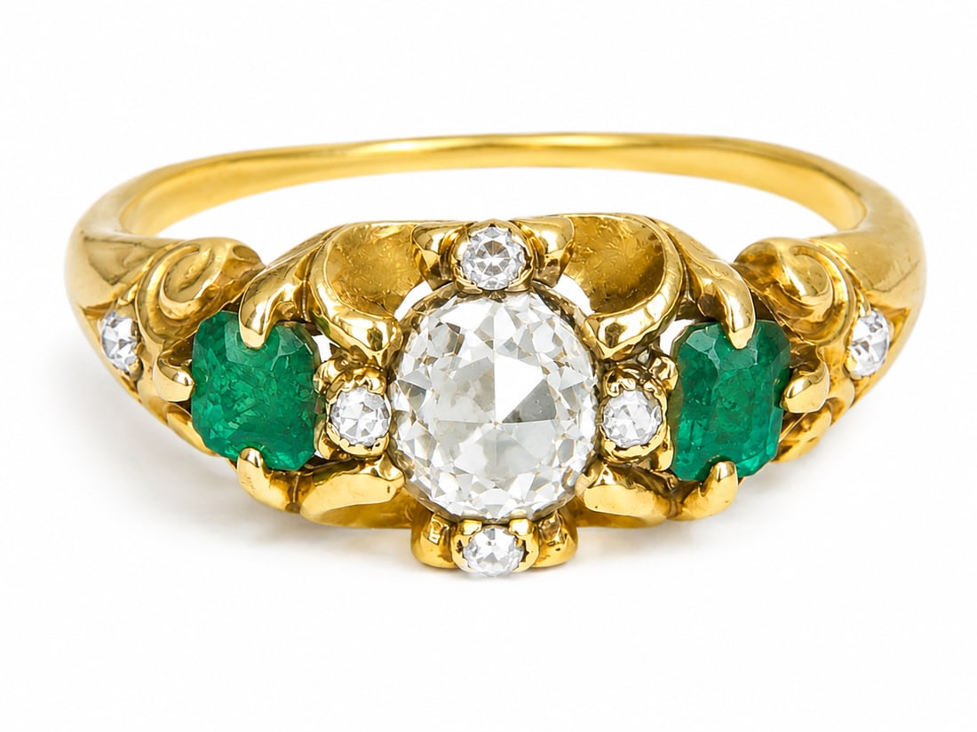 ELEGANT 19TH CENTURY EMERALD AND DIAMOND RING: ELEGANT 19TH CENTURY EMERALD AND DIAMOND RING 3.4 grams high carat gold bright lively old cut diamond vibrant matching emeralds size L1/2