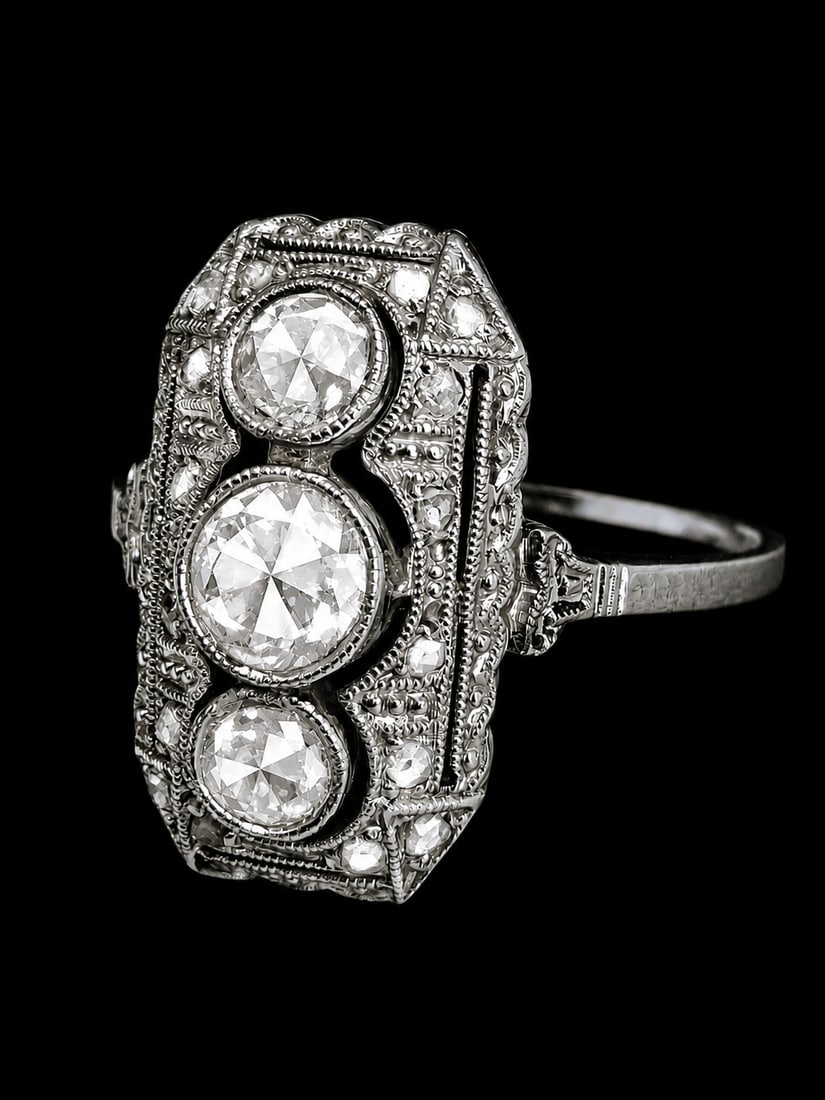 ART-DECO DIAMOND RING: ART-DECO DIAMOND RING,testing 18 ct. gold.Diamonds bright and lively.Size O.