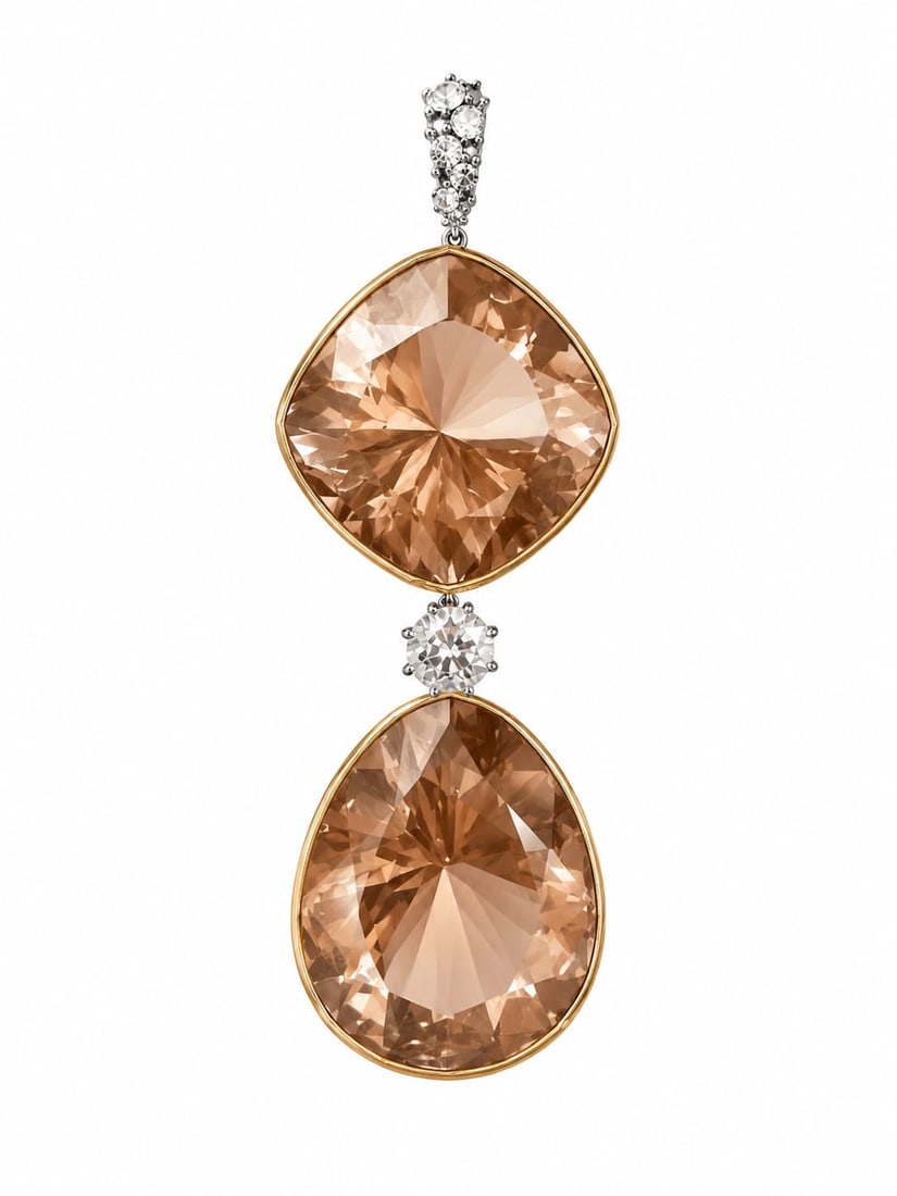 FANTASTIC CERTIFICATED FANCY TOPAZ AND DIAMOND PENDANT: FANTASTIC CERTIFICATED FANCY TOPAZ AND DIAMOND PENDANT,28.7 grams.The pendant set with a fancy topaz of approx. 49.92 ct.Suspending a fine rose cut diamond and a larger principal fancy topaz of approx