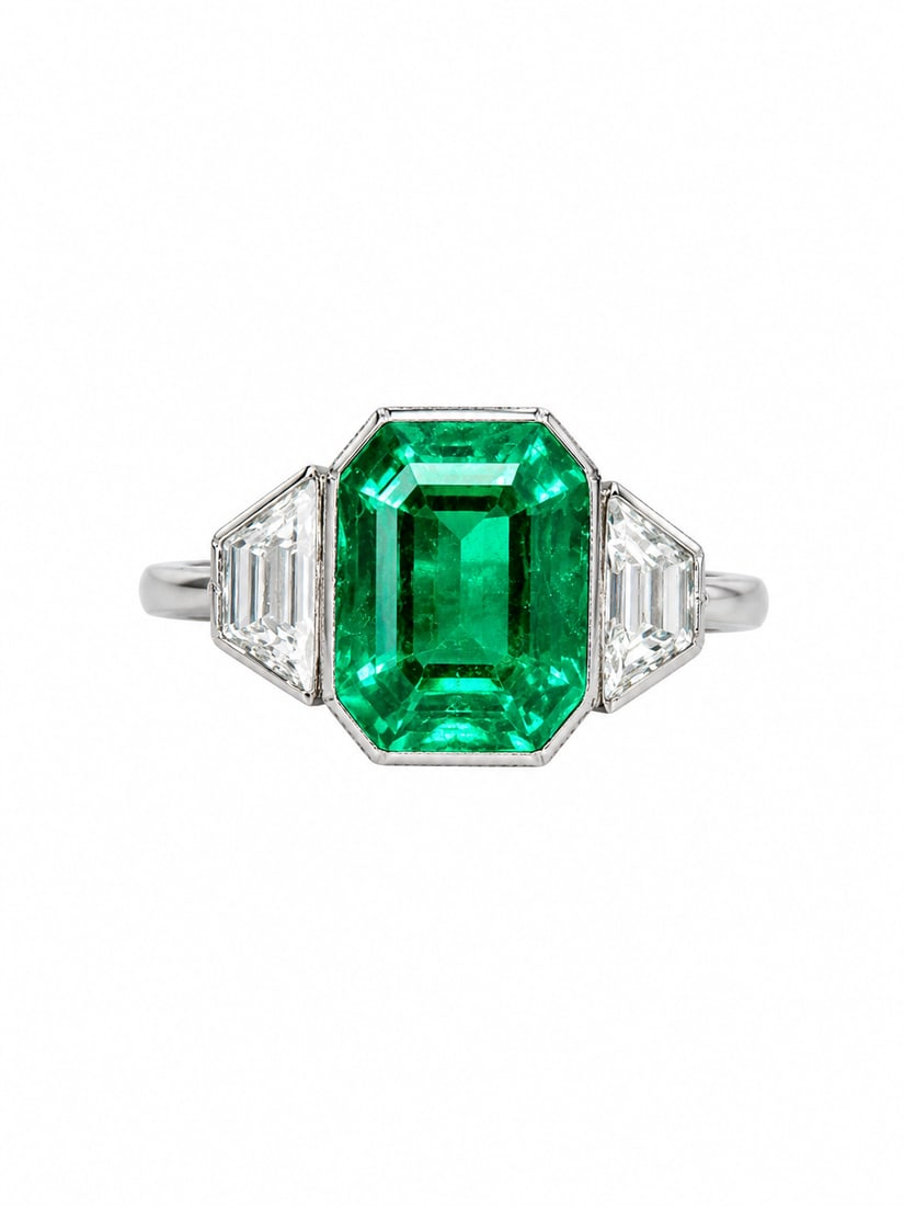 CERTIFICATED COLOMBIAN EMERALD AND DIAMOND 3-STONE RING: CERTIFICATED COLOMBIAN EMERALD AND DIAMOND 3-STONE RING,3,2 grams, testing platinum.Rich and vibrant emerald of approx. 2.37 ct. (Certificated, Colombian, Minor).Diamonds bright and lively.Size N 1/2.