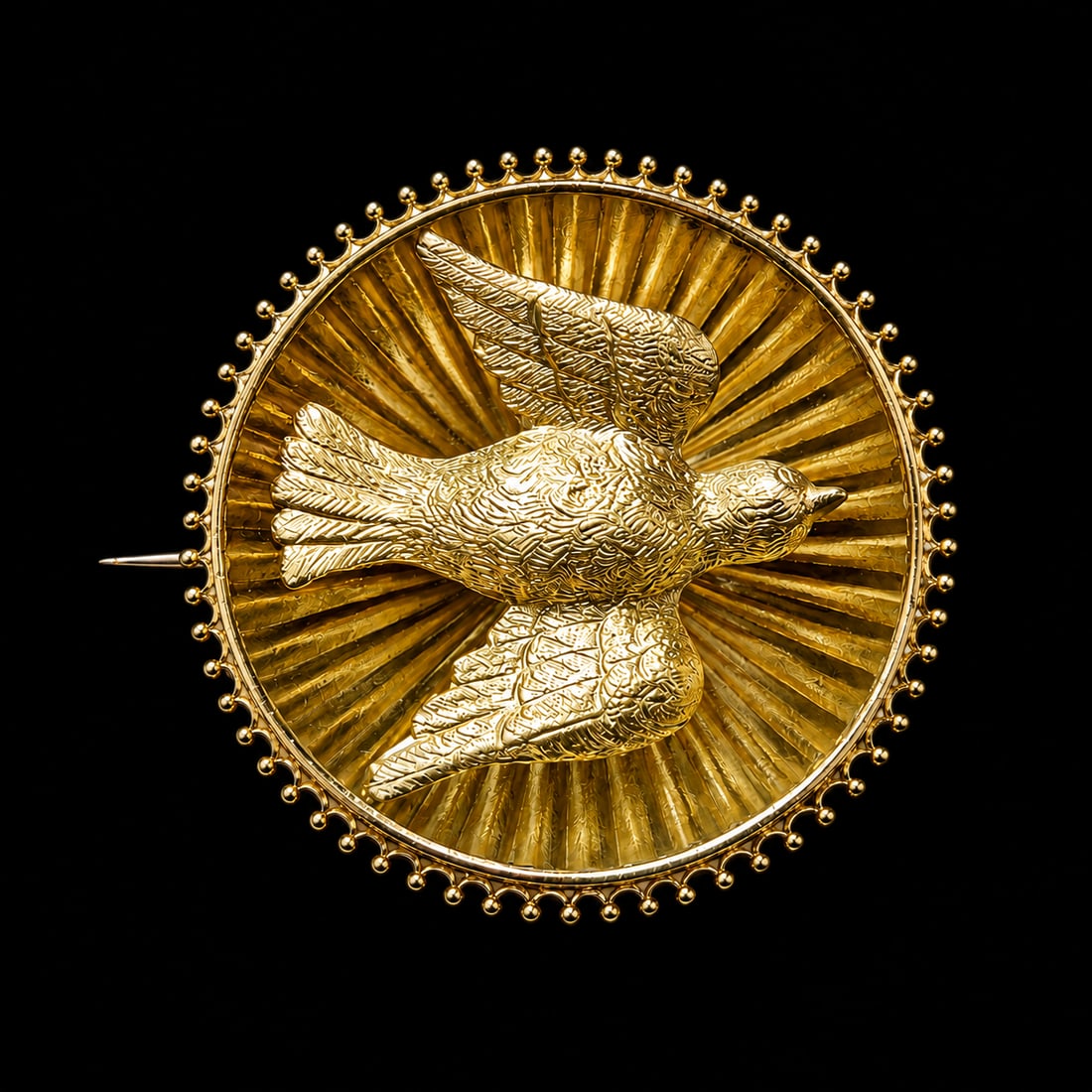 VICTORIAN BIRD IN BASKET BROOCH: VICTORIAN BIRD IN BASKET BROOCH,testing 15 ct. gold.Lovely detailed bird with relief decoration to mimic the feathers.Diam. 2.8 cm.