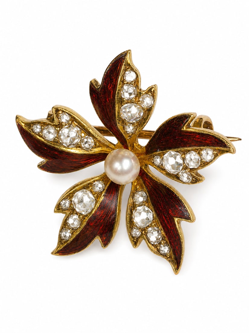 ENAMEL PEARL AND DIAMOND FLORAL BROOCH: ENAMEL PEARL AND DIAMOND FLORAL BROOCH,3.6 grams, testing 18 ct. gold.Bright and lively old cut diamonds.Lovely enamel.Pearl untested.W. 2.3 cm.