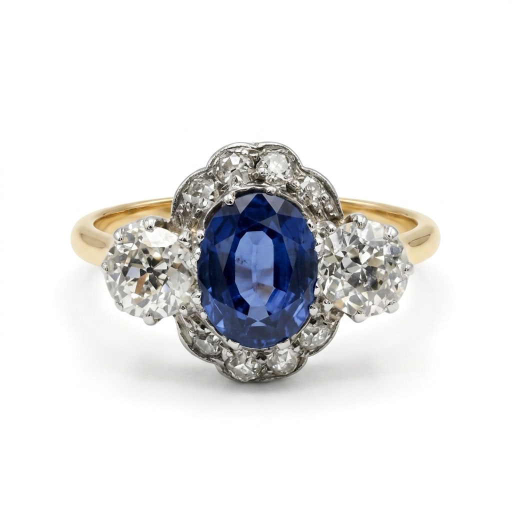 SAPPHIRE AND DIAMOND CLUSTER RING: SAPPHIRE AND DIAMOND CLUSTER RING,3,2 grams, testing high carat gold.Rich and vibrant sapphire of approx. 1.36 ct.Diamonds bright and lively totalling approx. 1.20 ct.Size L.