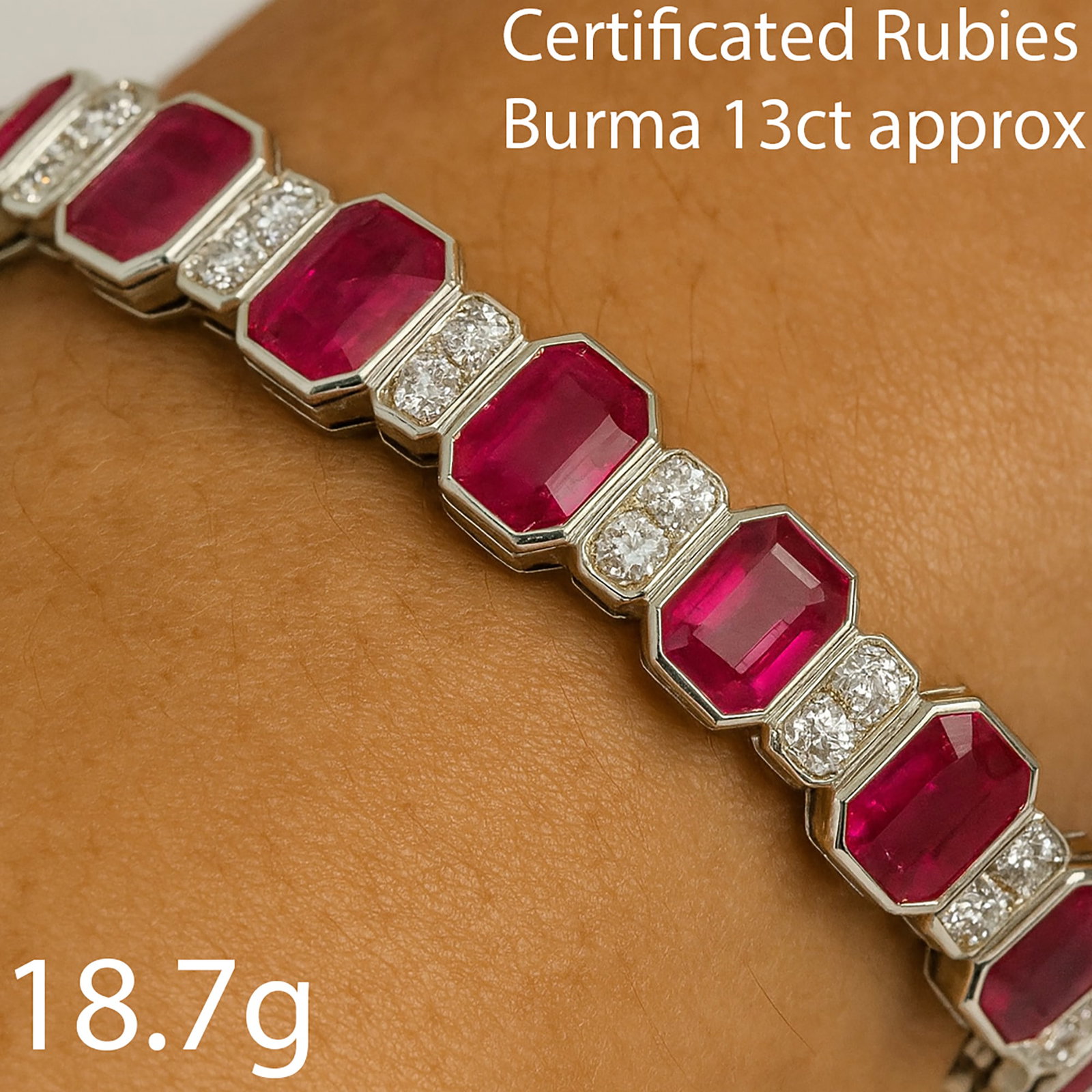 FINE BURMA RUBY AND DIAMOND BRACELET: FINE BURMA RUBY AND DIAMOND BRACELET,17.8 grams, testing platinum.Rich and vibrant well matched rubies, totalling approx. 13 ct. (Certificated, Burma, Mogok).Diamonds bright and lively.L. 17 cm.See ce