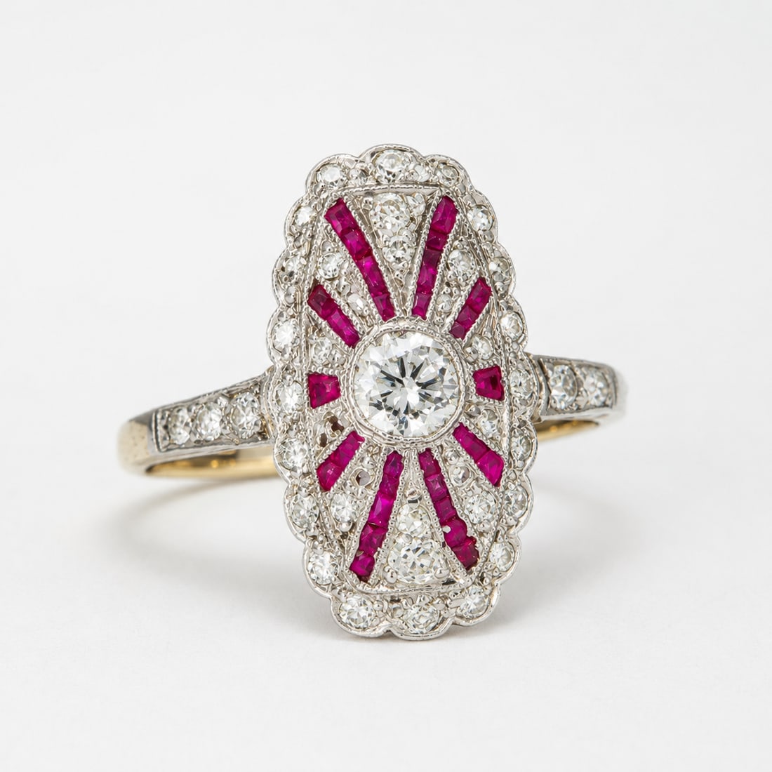 ART DECO RUBY AND DIAMOND RING: ART DECO RUBY AND DIAMOND RING 3.2 grams high carat gold and platinum bright lively old cut diamonds vibrant rubies size N