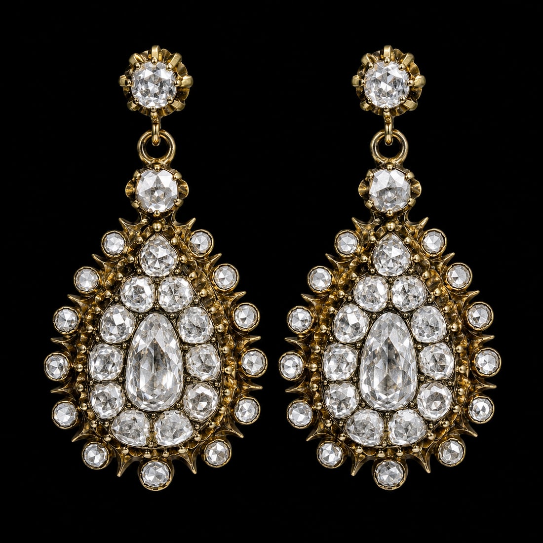 LOVELY PAIR OF ANTIQUE DIAMOND EARRINGS: LOVELY PAIR OF ANTIQUE DIAMOND EARRINGS,11.4 grams, testing high carat gold.Bright and lively diamonds, totalling approx. 3 ct.L. 3.5 cm.