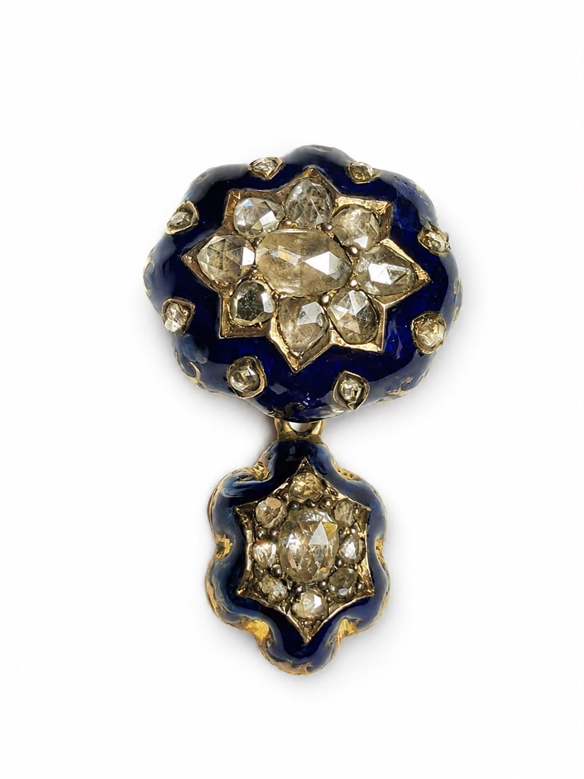 FINE VICTORIAN ROSE CUT DIAMOND AND ENAMEL GOLD BROOCH: FINE VICTORIAN ROSE CUT DIAMOND AND ENAMEL GOLD BROOCH 7.8 grams enamel in great condition lively diamonds L 3.5
