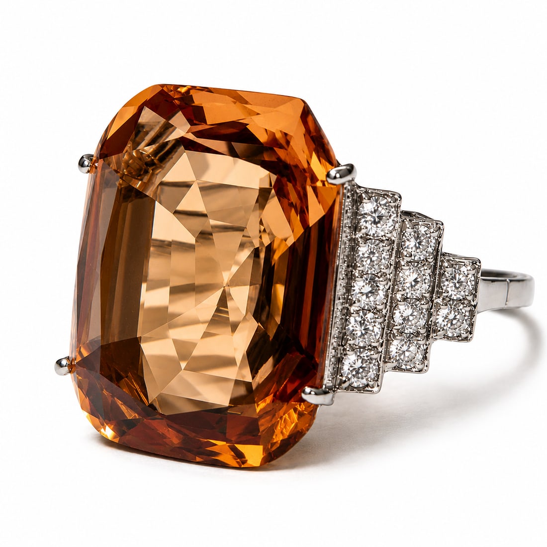 CERTIFICATED IMPERIAL TOPAZ AND DIAMOND RING: CERTIFICATED IMPERIAL TOPAZ AND DIAMOND RING,7,5 grams, testing platinum.Fine imperial topaz of approx. 14.15 ct. (Certificated, Imperial topaz.).Diamonds bright and lively.Size R.See certificate.