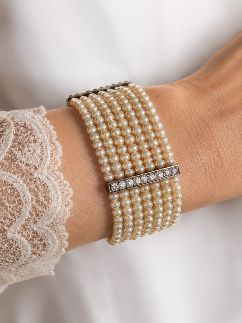 PRETTY EDWARDIAN MULTI-ROW PASTE BRACELET: PRETTY EDWARDIAN MULTI-ROW PASTE BRACELET,29.3 grams.L. 19.5 cm.