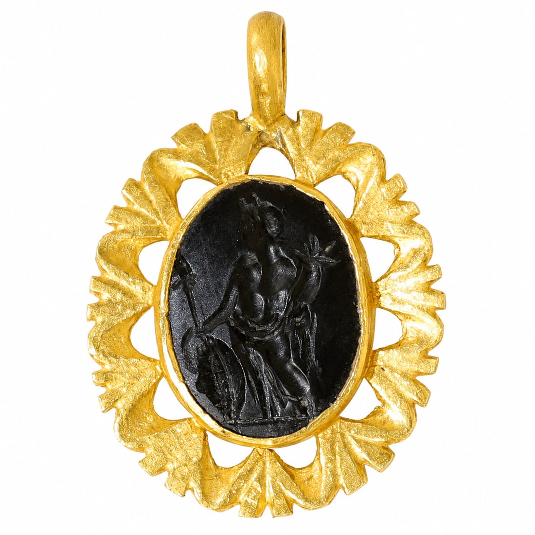 ROMAN INTAGLIO PENDANT, HERCULES: ROMAN INTAGLIO PENDANT, HERCULES.By repute 2nd century AD.4,5 grams, testing high carat gold.The fine carved hardstone intaglio depicting Hermes.L. 3.2 cm.