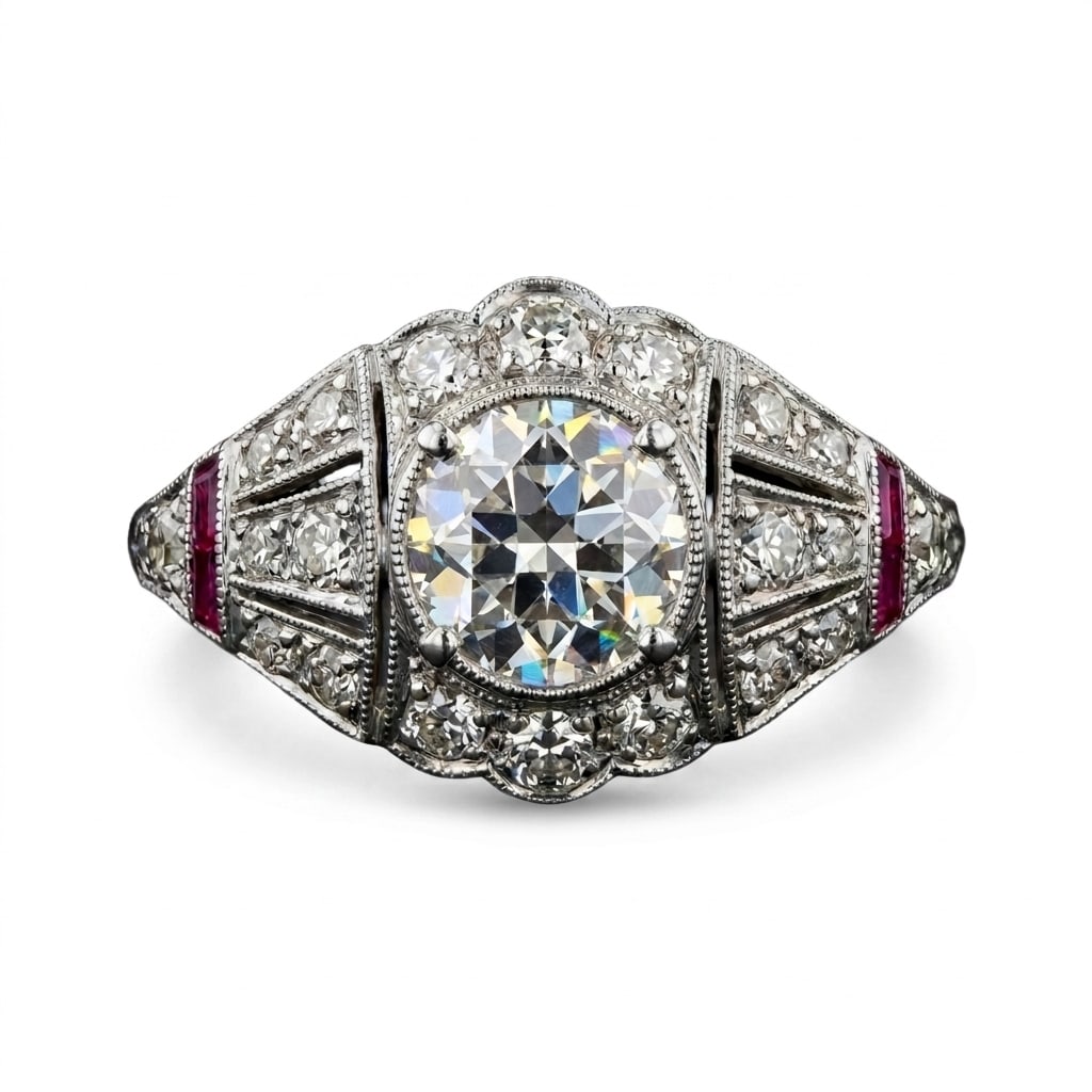 EDWARDIAN DIAMOND AND RUBY RING: EDWARDIAN DIAMOND AND RUBY RING,testing platinum.Bright and lively diamonds with a larger central diamond of approx. 0.95 ct.Rich and vibrant rubies.Size N 1/2.
