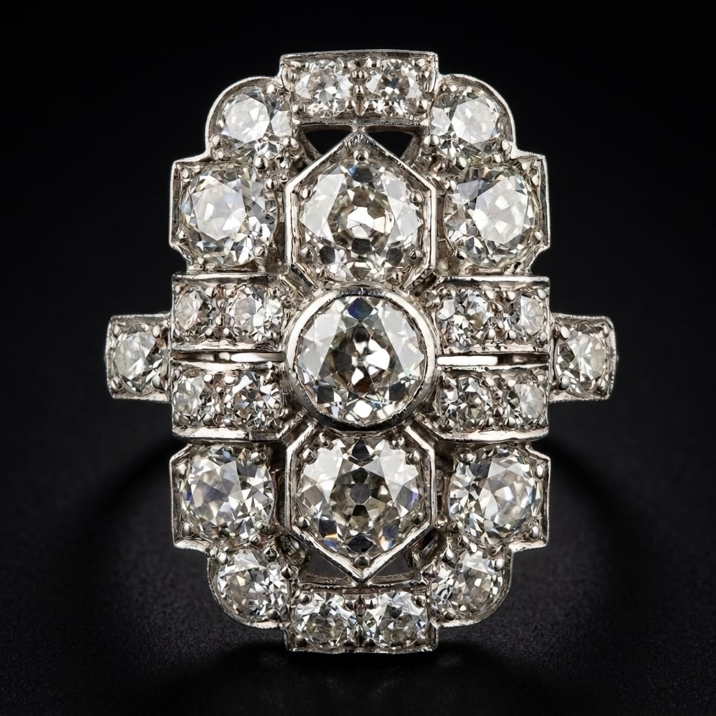ART-DECO DIAMOND RING: ART-DECO DIAMOND RING,5,4 grams, testing high carat gold.Bright and lively old cut diamonds, totalling approx. 2 ct.L. head 2.2 cm.Size P.