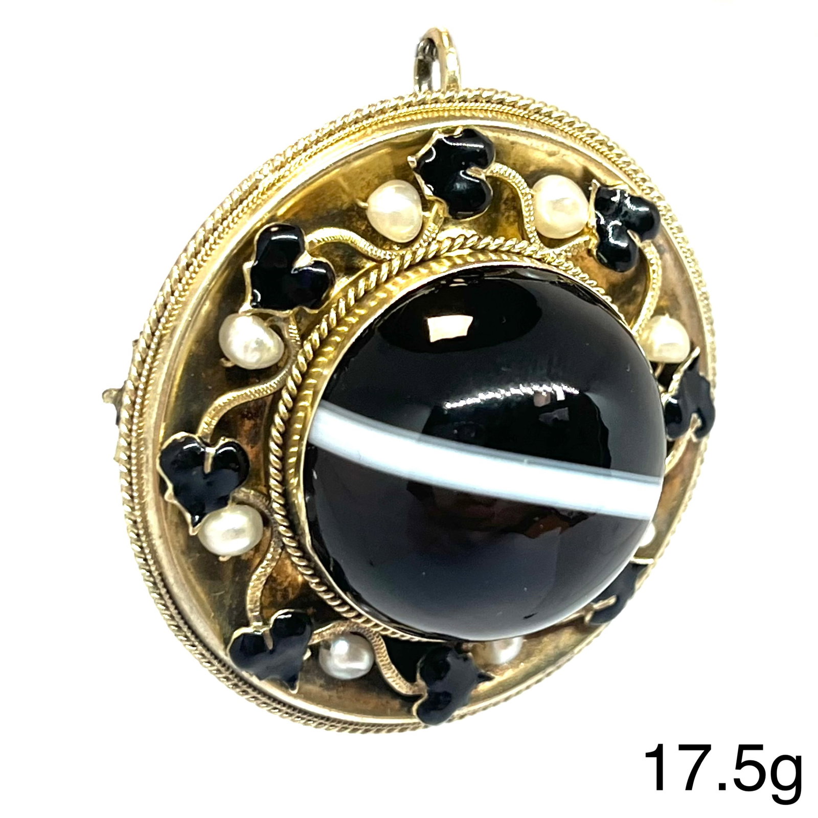 VICTORIAN ENAMEL, PEARL AND BANDED AGATE TARGET MOURNING BROOCH/PENDANT (1 of 1)
